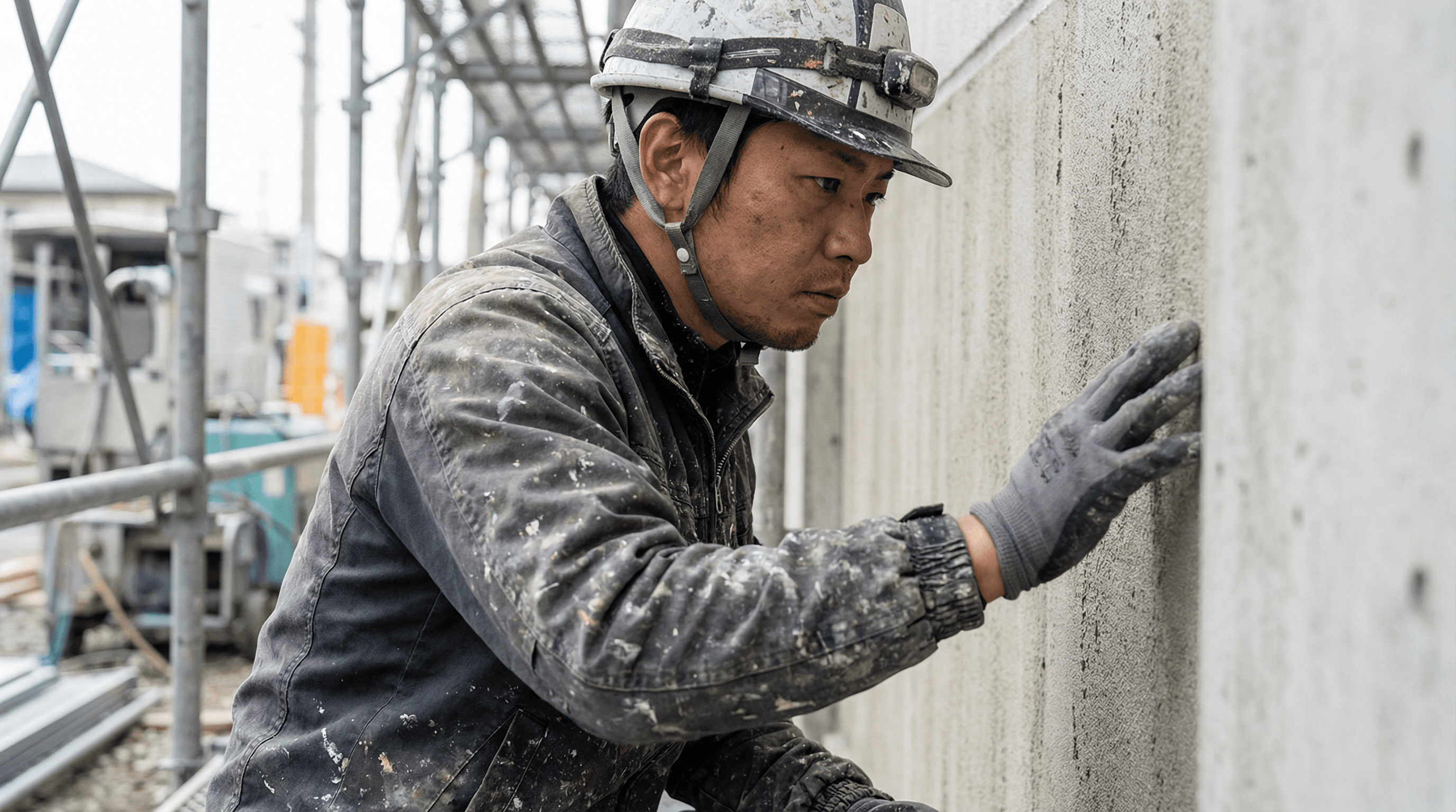 真剣な眼差しで壁面を点検する職人